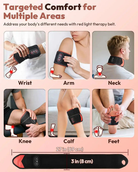 Collage of No Cords Red Light Therapy Wearable Wrist Massager in use on wrist, arm, neck, knee, calf, feet with sizes shown.