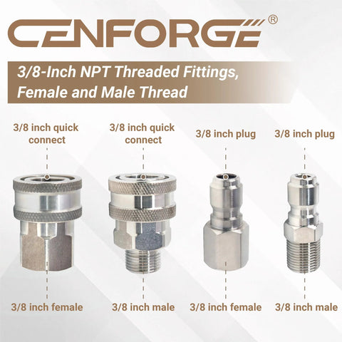 Cenforge 8‑pc stainless steel 3/8 in NPT pressure washer fittings with female and male quick-connects and plugs