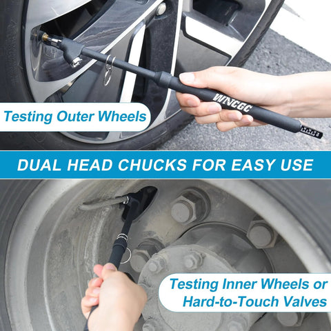 WNCGC air pressure gauge for tires with dual-head chuck and aluminum scale plates; tests outer wheels 10–150 PSI.