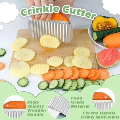 Large Crinkle Cutter for Veggies and Potatoes With Wooden Handle slicing cucumbers and carrots on cutting board
