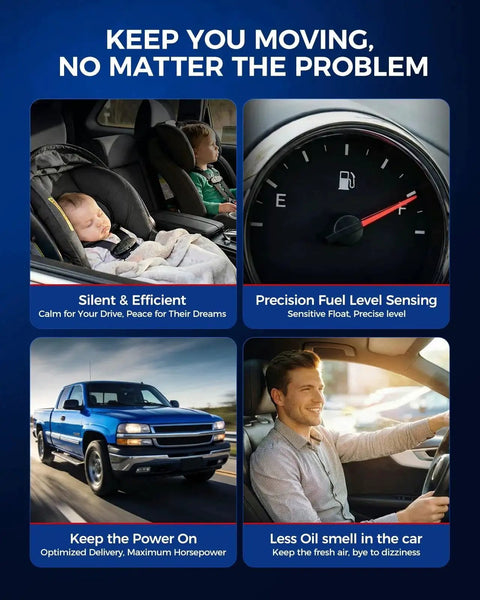 Collage of features for electric fuel pump module showing sleeping children, fuel gauge, pickup truck, and smiling driver in car.