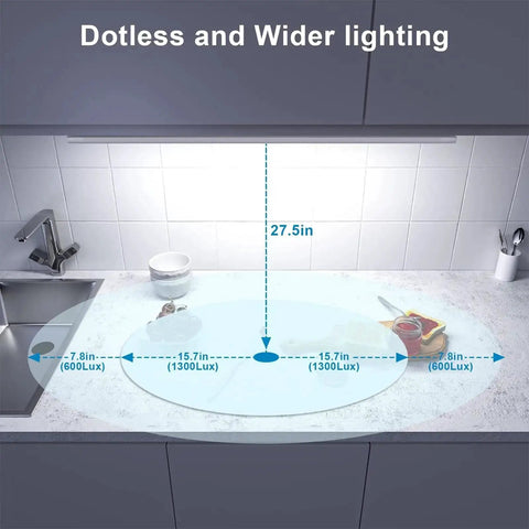 Plug In 24 Inch Under Cabinet Light Bar With Wave Sensor illuminating kitchen countertop, showing light spread and measurements