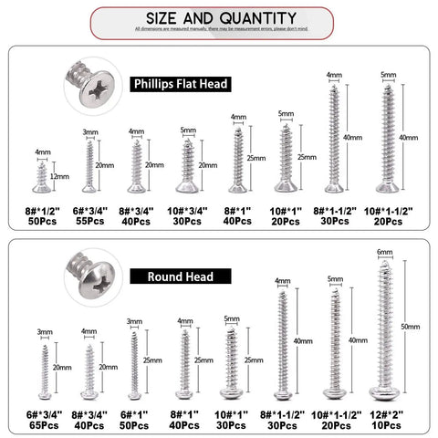 Size chart for 570 Piece Stainless Steel Self Tapping Screw Kit With Phillips Flat And Round Head Screws in 304 stainless steel.