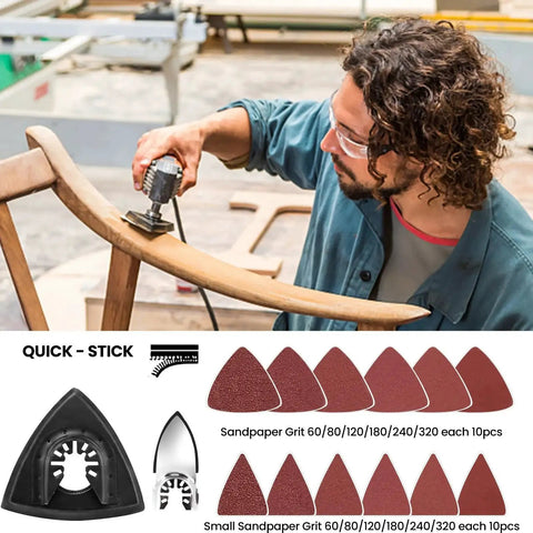 158 Pack Oscillating Tool Blades Set With Sandpaper for Wood Metal Plastic Bi Metal Multitool Blades Kit With Quick Release Fit For DeWalt Ryobi Makita Rockwell Includes 10 Blade Types and Sanding Pads used by person sanding furniture