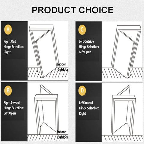 Diagrams showing concealed 3D invisible door hinge for wooden doors with 180-degree swing options left open black finish. Focus on indoor and outdoor hinge placements.