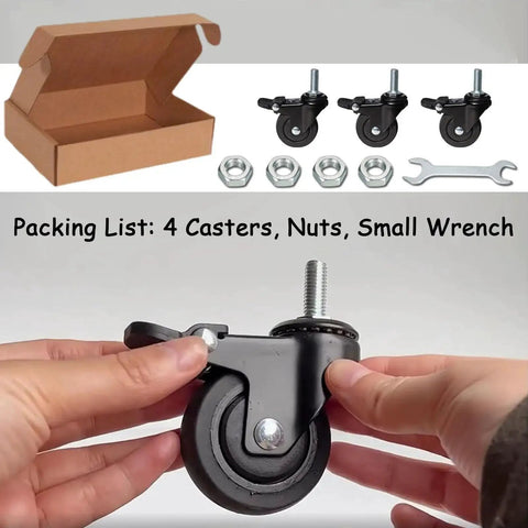 Hands holding 1 Inch Mini Swivel Caster Wheels Set With M6x15mm Threaded Stem Silent TPE Rubber Brake Rollers For Light Furniture And Small Trolleys, 4 Pack, Each 45kg 99lbs Load Capacity, Includes Nuts And Wrench