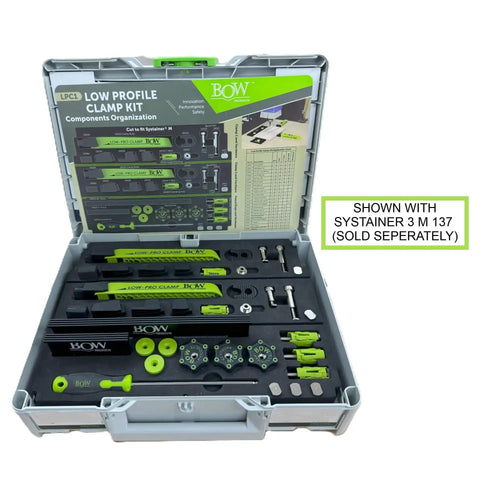 Open case of Low Profile Clamp Kit For CNC Machines MFT Tables Dog Tables T Track Tables And Work Benches with tools visible