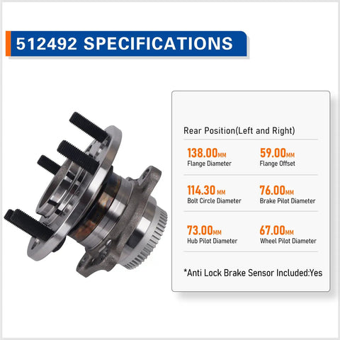 Rear Wheel Hub Bearing Assembly Fits Hyundai Elantra 2011-2016 with specifications chart, OE-quality wheel hub