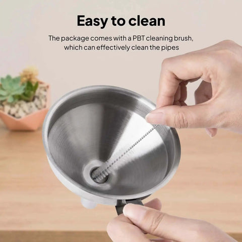 Stainless Steel Resin Funnel With Filter And Brush for 3D Printers Spill Free Filtration shown with cleaning brush over wooden surface