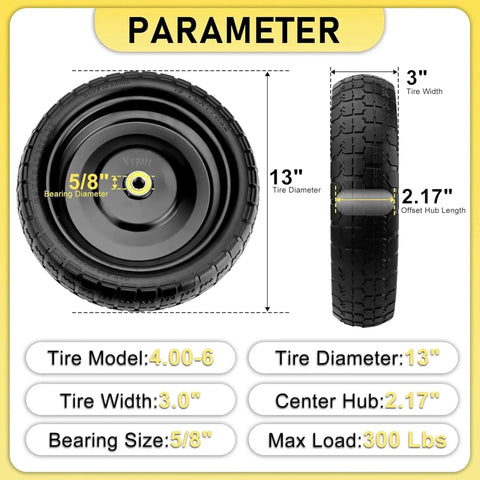 13 Inch Flat Free Wheel Set With 5/8 Inch Bearings And 2.17 Inch Offset Hub For Garden Carts Hand Trucks And Yard Trailers 4.00-6 Solid Tires
