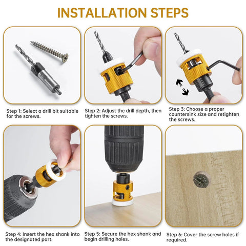 Installation steps for 5 Pc Countersink Drill Bit Set With Low Friction Depth Stop And Replaceable HSS M2 Bits