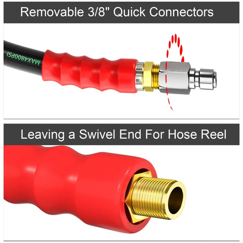POHIR 3/8 inch pressure washer whip hose, red grip with brass quick-connect and swivel end, 2 ft long.