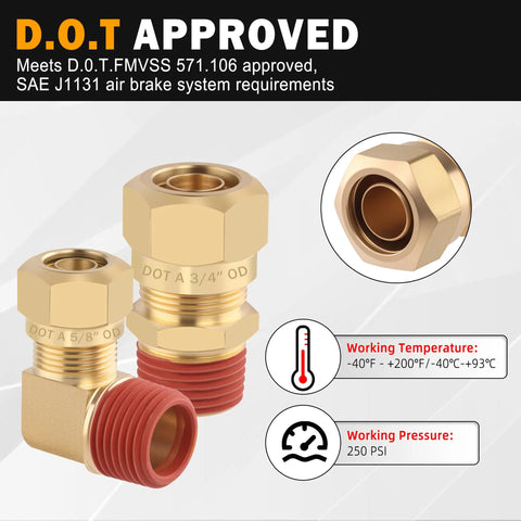 Brass DOT compression fittings set, 5 pcs, 1/4 in tube OD to 1/4 in NPT threads, gold color for air suspension/air brake lines