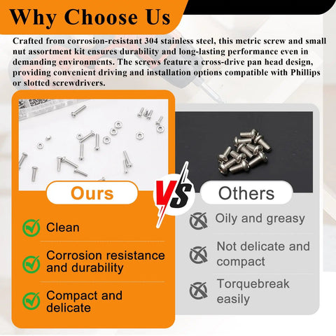 Comparison between our and other brands of 1120pcs 304 stainless steel micro screws nuts set M1 to M2.5 with hex nuts and Phillips pan head, highlighting clean and corrosion resistance.