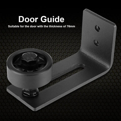 Carbon Steel Adjustable Wall Or Floor Roller Guide For Barn Door Hardware Black Finish Heavy Duty Mount Smooth Quiet Glide Fits 76mm Thick Doors Durable Construction, shown in close-up with black finish