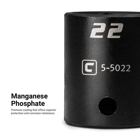 Image of a 22mm socket from Three Eighths Inch Drive Shallow And Deep Impact Socket Set In Metric Sizes 8 To 22 Mm Premium Chrome Molybdenum Steel 30 Piece Heavy Duty Kit For Power Tools, showing manganese phosphate coating details for protection and corrosion resistance.