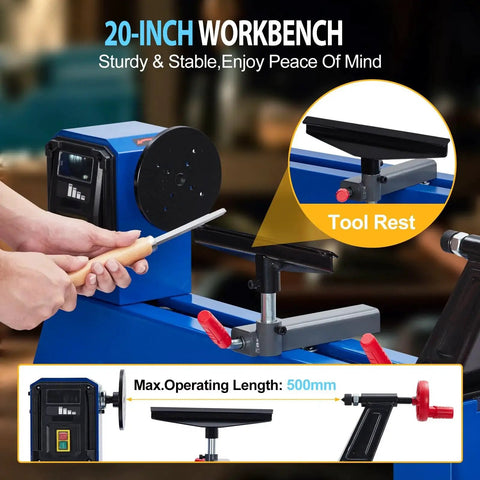 Beefy 14 Inch By 20 Inch Benchtop Wood Lathe With 400W Motor And Four Speed Settings 1040 1480 2130 2980 RPM showing tool rest
