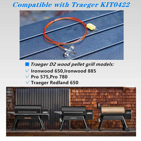 Thermocouple probe kit KIT0422 for Traeger D2 Pro grills; orange wire, yellow connector, metal probe; three grills shown.