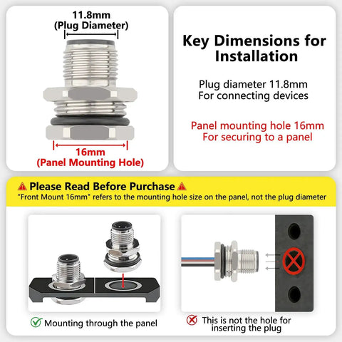 Diagram showing dimensions and installation info for M12 4 Pin A Coded Male Aviation Connector Cable 0.7 Ft Waterproof Industrial Bulkhead Panel