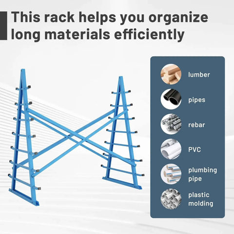 Image of a Heavy Duty 2000 Lbs Horizontal Storage Rack With 7 Tier Floor Standing Adjustable Lumber And Pipe Organizer For Garage Workshop Shed Basement Blue For Home And Shop, showing a blue A-frame design ideal for storing lumber, pipes, and more.