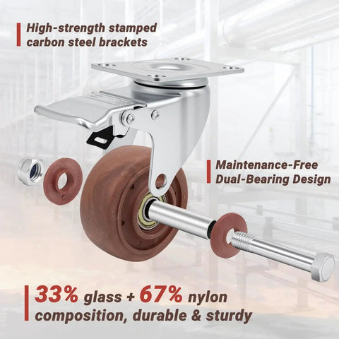 3 Inch Heavy Duty Casters Wheels Set Of Four With Brakes 1400 Pounds Capacity Glass Filled Nylon Heat Resistant To 475 Fahrenheit Industrial Castors For Workbench High Temperature Casters For Heavy Equipment And Mobility, showing a front view of caster with brake, dual-bearing design, and glass-filled nylon composition