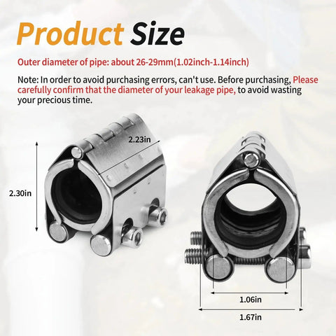 Dimensions and specifications of Three Quarter Inch Pipe Repair Clamp Kit High Pressure Leak Sealer for 26 to 29mm pipes.
