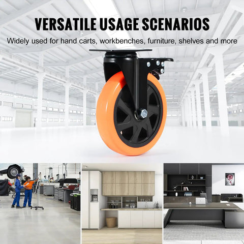 Six Inch Swivel Plate Caster Wheels Set Of Four With AB Locking No Noise PVC Non Marking Wheels For Cart Furniture Workbench Heavy Duty 700 Lbs Per Caster Silent Smooth Rolling Ideal For Heavy Duty Carts And Workbenches In Home Or Shop showcased with bright orange wheel and black mountings, in various environments like workshops and kitchens.