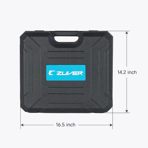 Carrying case for 15 Ton Hydraulic Knockout Punch Set With 10 Slug Dies From 1/2 Inch To 4 Inch, black plastic with dimensions.