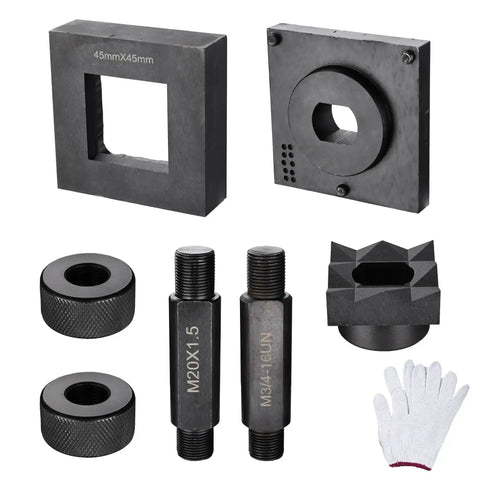 Hydraulic Hole Punch Die Square 45x45mm with accessories and gloves, for heavy-duty metal punching on steel and copper.