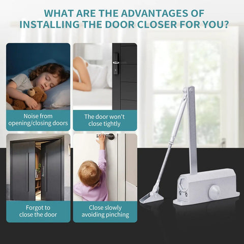 Medium Duty Hydraulic Door Closer For Commercial And Residential Use With Whisper Quiet Soft Close Technology shown with use cases