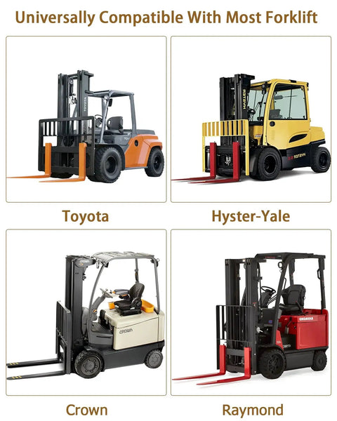 Four forklifts compatible with Heavy Duty Pallet Fork Extensions 84 Inch Long Fits Standard Forks, showing different brands and models.