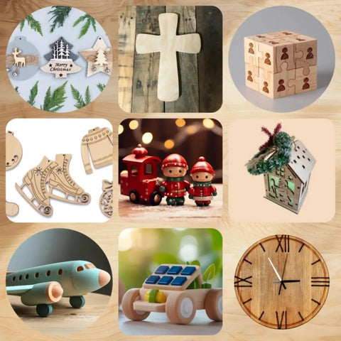 DIY arts and crafts projects featuring Baltic Birch plywood, including ornaments, cross, puzzle cube, skates, toy plane, and wooden clock.