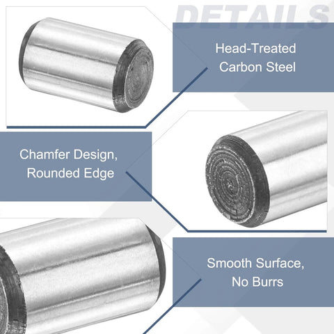 Close-up of 5 Pcs Carbon Steel Dowel Pins 5/16 Inch By 1/2 Inch Round Rods showing chamfered edge, smooth steel surface, and head-treated.