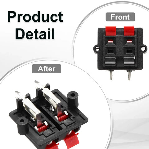 Front and side view of 4 Way Spring Terminal Clip Push Release Connector Plate Jack Socket For Speaker Wiring And Audio Projects