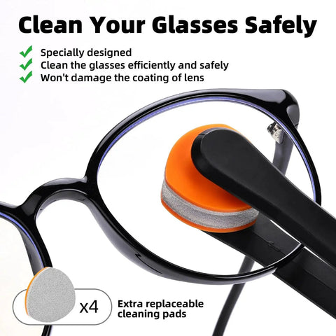 Close-up of glasses being cleaned with the Glasses Cleaning Kit With 24H Anti Fog Spray Microfiber Cloths Brush Wipes.