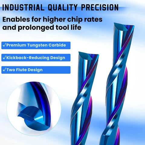 Downcut CNC Router Bit Set One Eighth Inch Shank Five Pack Tungsten Carbide Spiral End Mills with focus on flute design.