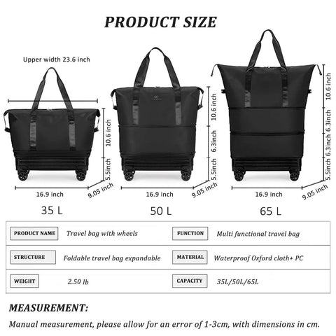 Size comparison of durable duffle bag with wheels for travel, foldable and expandable, 35L to 65L, shown in black, front view.