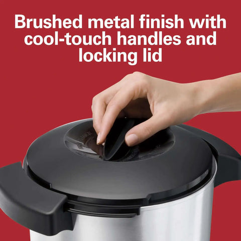 Hand closing lid of Party Ready 45 Cup Coffee Urn And Hot Beverage Dispenser With Fast One Minute Per Cup Brew Crowd Friendly