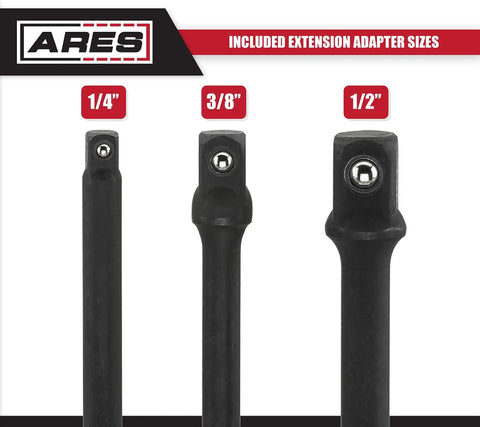Three impact-grade socket adapters from ARES with 1/4, 3/8, and 1/2 inch drives for turning your drill into a high-speed driver.