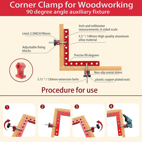 Diagram of Four Pack 90 Degree Corner Clamps For Woodworking, 5.5 By 5.5 Inch Right Angle Positioning Squares with installation steps.