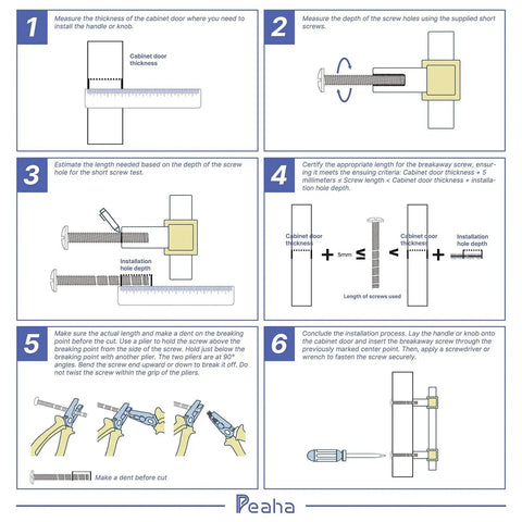 Installation guide for cabinet door handle or knob with diagrams and instructions on measuring, cutting, and fitting hardware.