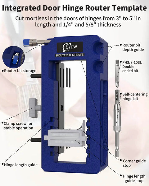 All In One Door Hinge Jig Kit For Quick Mortises Fits Three To Five Inch Hinges And One Quarter Or Five Eighths Inch Door Thickness Router Template in blue showing various components including bits and clamp.