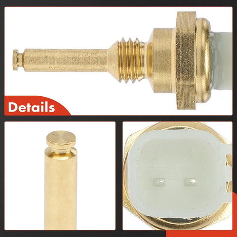 Engine coolant temperature sensor, brass body with threaded shank, 2-pin connector, Ford/Lincoln compatible
Brass sensor pin close-up, cylindrical tip for engine coolant temperature sensor
Back view of engine coolant temperature sensor showing mounting face and two terminals