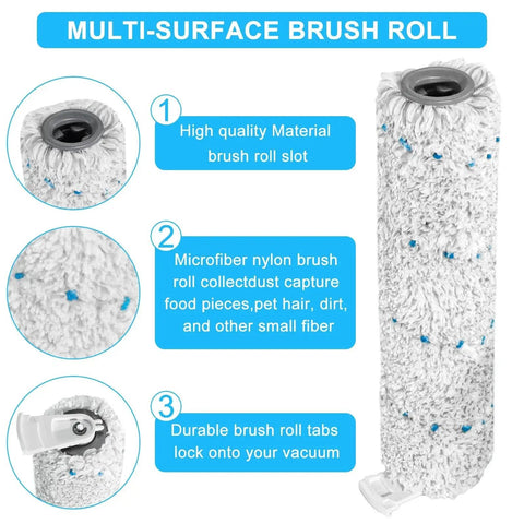 Front view of multi-surface brush roll replacement for Bissell CrossWave Cordless Max; grey microfiber with blue flecks