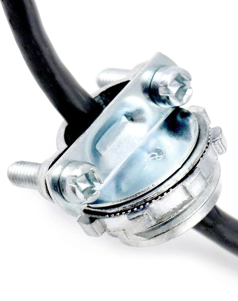 1/2 inch clamp-type steel cable connector mounted on metallic conduit with bolts.