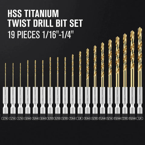 Titanium Coated Hex Shank Drill Bit Set, 19 Pieces, HSS 4241 Twist Bits For Sheet Metal Wood And Plastic With Quick Change Design