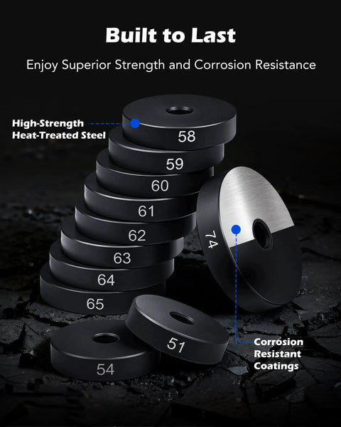 Stack of discs from 52-In-1 Universal Bushing Driver Kit with corrosion-resistant coatings and heat-treated steel material.