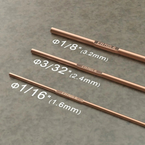ER70S-6 Mild Steel TIG Welding Rod Filler Wire One Sixteenth Inch Diameter, Sixteen Inch Length, 5 Pound Pack shown with size comparisons.