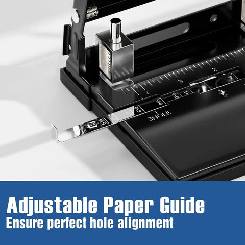 Close-up of heavy duty 2 or 3 hole punch with adjustable paper guide, ensuring perfect hole alignment for A4 and US letter binders.