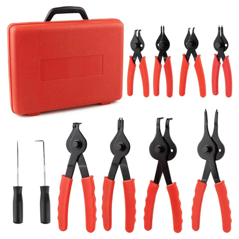 10 Piece Snap Ring Pliers Set Heavy Duty Internal And External Circlip Pliers Kit with red handles and storage case.